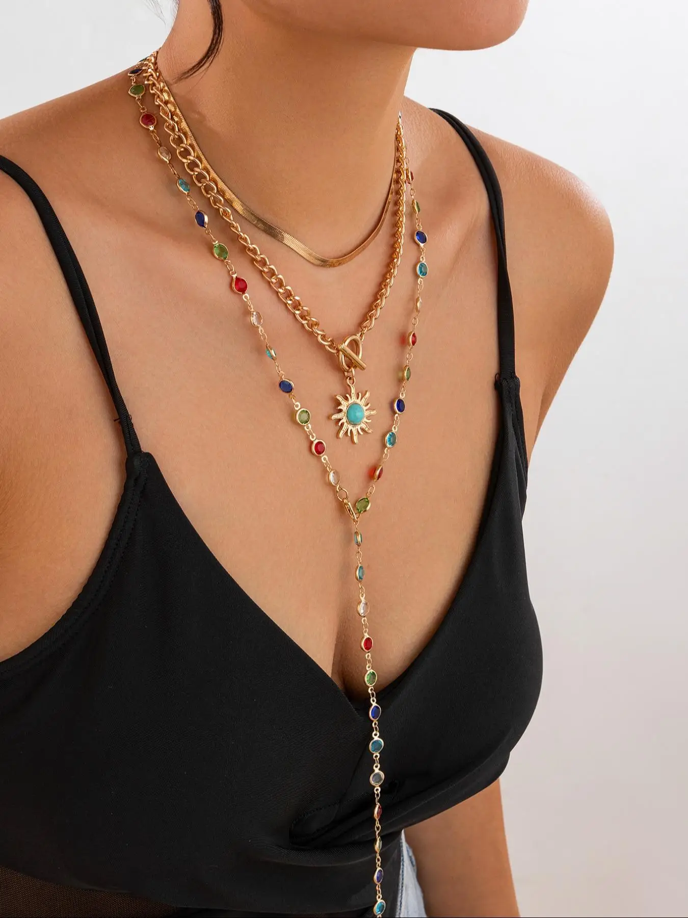 Boho Style Sunflower Design Layered Necklace, Fashion Artificial Crystal Decor Necklace for Party, Daily Decor, Trendy All-match Jewelry for Birthday