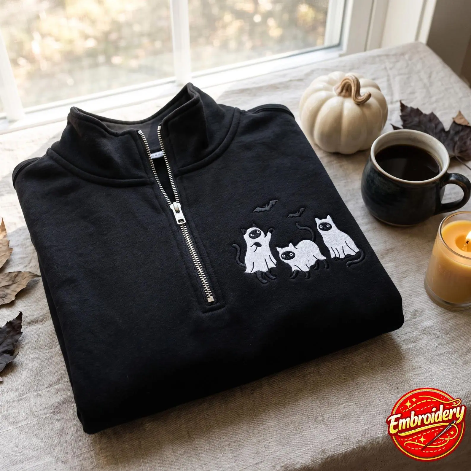 [Made in US] Embroidered Ghost Cats Quarter Zip Sweatshirt, Halloween Cat Lover Tee