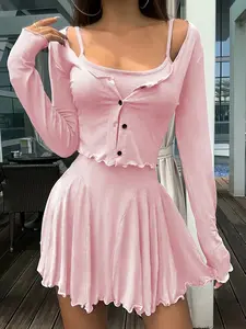 Women's Plain Sleeveless Dress Long Sleeve Button Front Cardigan Set, Minimalist Vintage Spring Fall, Party Casual Wear