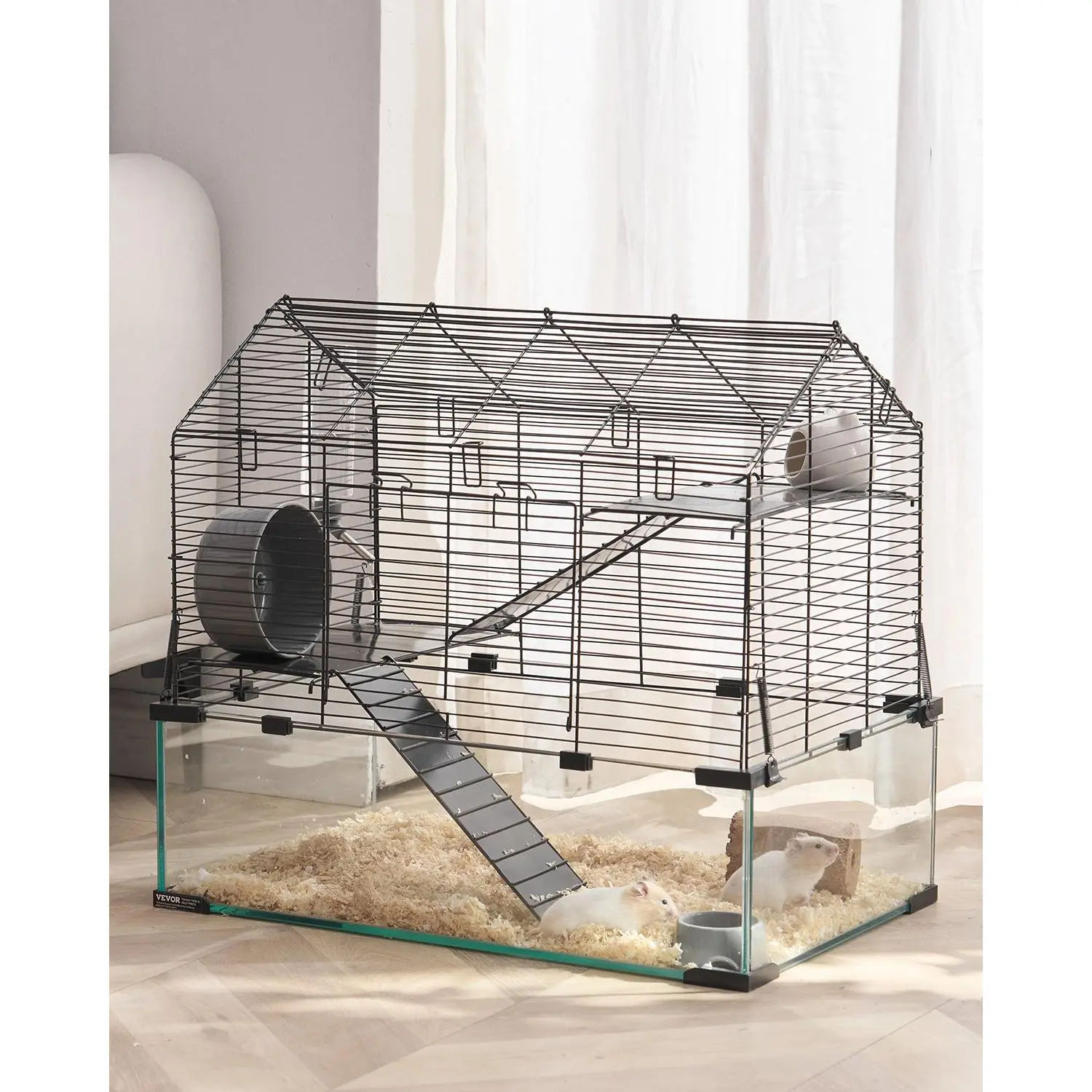 VEVOR Tempered Glass Hamster Cage, 22.8x15x21.3in Transparent-Walls Secure Housing with Water Bottle, Mesh Ventilation Slots, 360-Degree Panoramic View, Easy Assembly, Easy Cleanup, Portable Enclosure