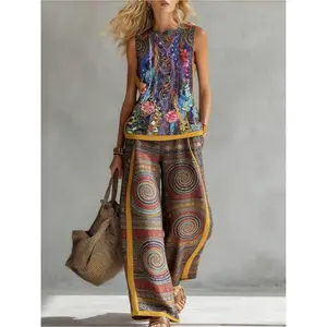 Women's Printed Retro Casual Top Set for Ladies, Polyester-Linen Fabric Women's Clothing Set