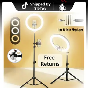 10"Ring Lights with Stand, Video Light Tripod for Phone, With 43.3"Tripod/2 Phone Clips/1 USB Ports, 2600K-6500K Color Temperature, for Makeup TikTok Video Recording Vlog#Mother's Day Gifts