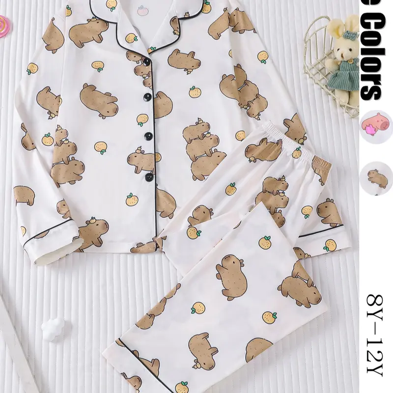 Cartoon Pajama Set, Capybara & Fruit Print, Animal Pattern Sleepwear, Long-Sleeve Shirt & Pants, Fall & Winter Casual Home Wear, Cartoon Print Sleepwear