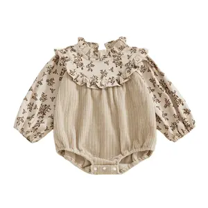Baby Girl Bubble Romper Flower Print Long Sleeve Corduroy Bodysuit Smocked Jumpsuit Infant  Fall Outfit