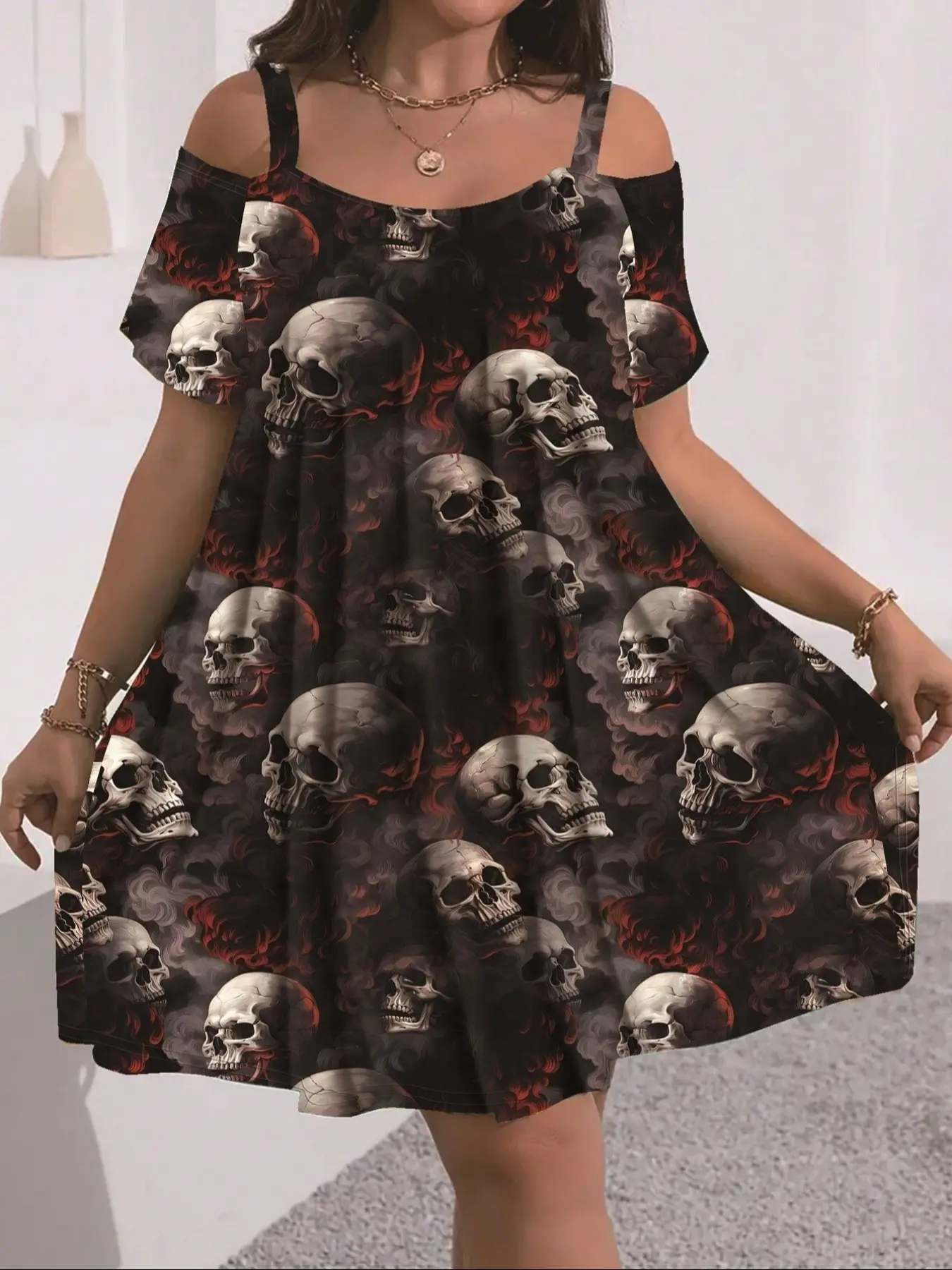 Summer Women's Short Sleeve Spaghetti Strap Hollow Out Fashion Elegant Halloween Skull Print Dress, Comfortable Fit, Stylish and Trendy, Perfect for Casual Wear