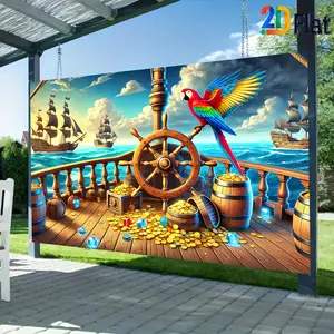 2D Flat Banner Wall Decor 1pc, featuring a retro pirate ship deck scene, with a theme of sailing ships and parrots, creating a nostalgic atmosphere of maritime exploration and adventure, evoking a mysterious and adventurous ocean ambiance.