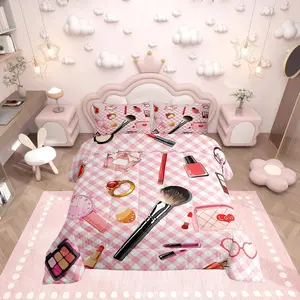 Girls Women Spa Comforter for Boys Men,Cosmetics Theme Cartoon Lipstick Eye Shadow Ring Quilt Comforter,Pink White Geometric Stripe Grid Bedding Set for Bedroom Decor