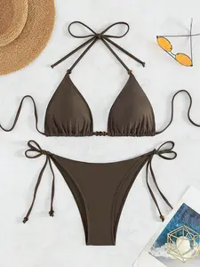 Women's Solid Color Beaded Bikini Set, Casual Tie Back Triangle Swim Bra & Tie Side Swim Bottom, Swimsuit Set for Summer, Halter Bikini Swimsuit