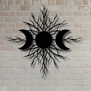 Triple Moon Metal Hanging Wall Art, Mystical Celestial Tree Design with Sun & Branches, Durable Indoor Outdoor Decor, Unique Home Gift Idea, Wall Art Decoration