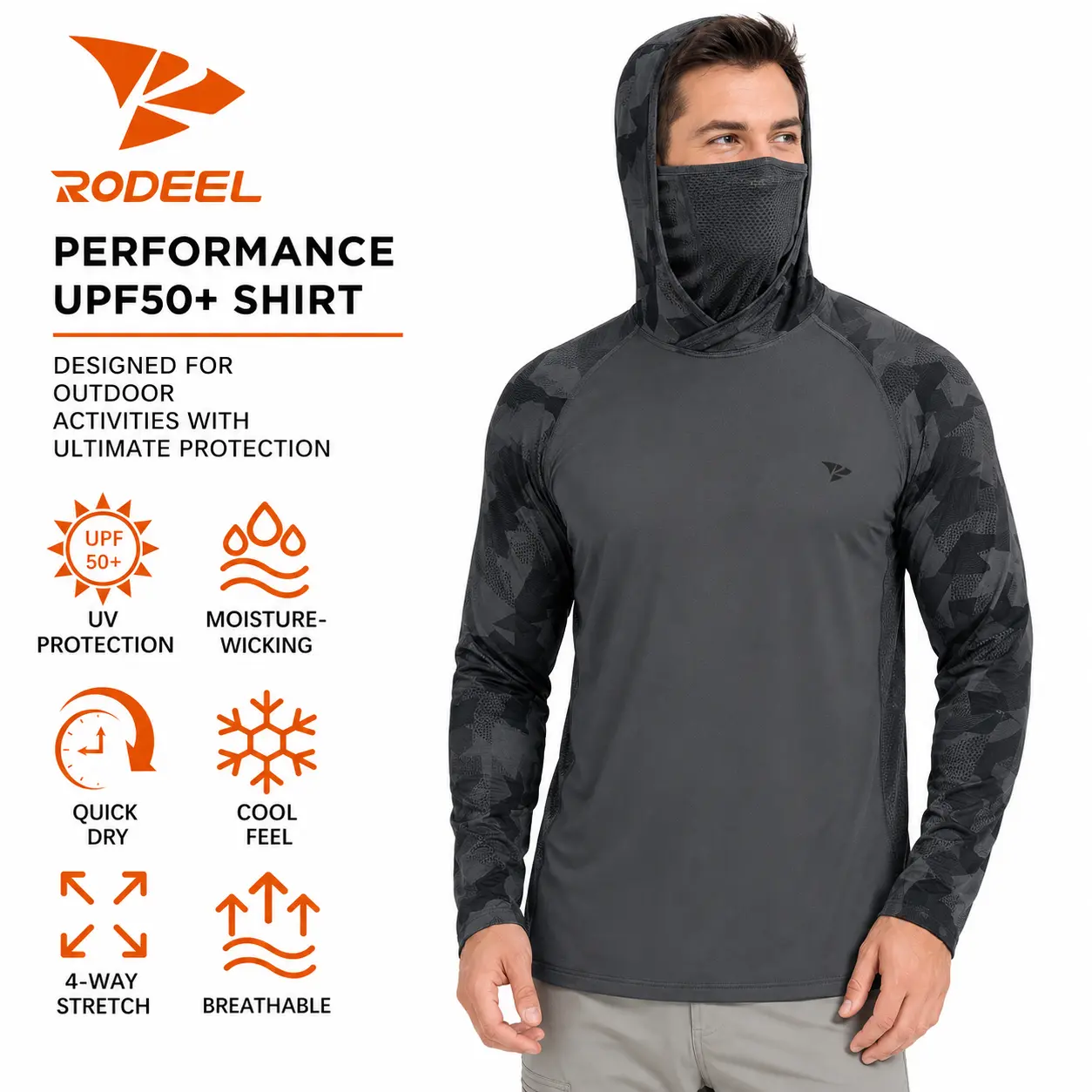 【RODEEL】915 Sun Hoodie Shirts w/ Mask Neck Gaiter Men UPF 50+ UV Protection Long Sleeve Lightweight Quick Dry Moisture Wicking Breathable Athletic Activewear for Outdoor Fishing Boating Hiking Construction Roofing Landscaping SummerWins