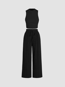 two-piece set women's solid ribbed crop tank top & drawstring waist pants polyester set, lady minimalist casual soft stretchy fitted sleeveless round neck top & wide leg trousers for summer, womenswear