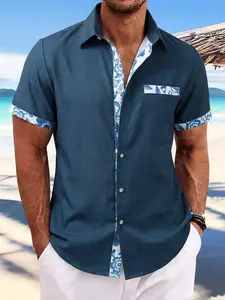 Manfinity RSRT Men's Summer Beach Vacation Floral Print Contrast Binding Short Sleeve Shirt