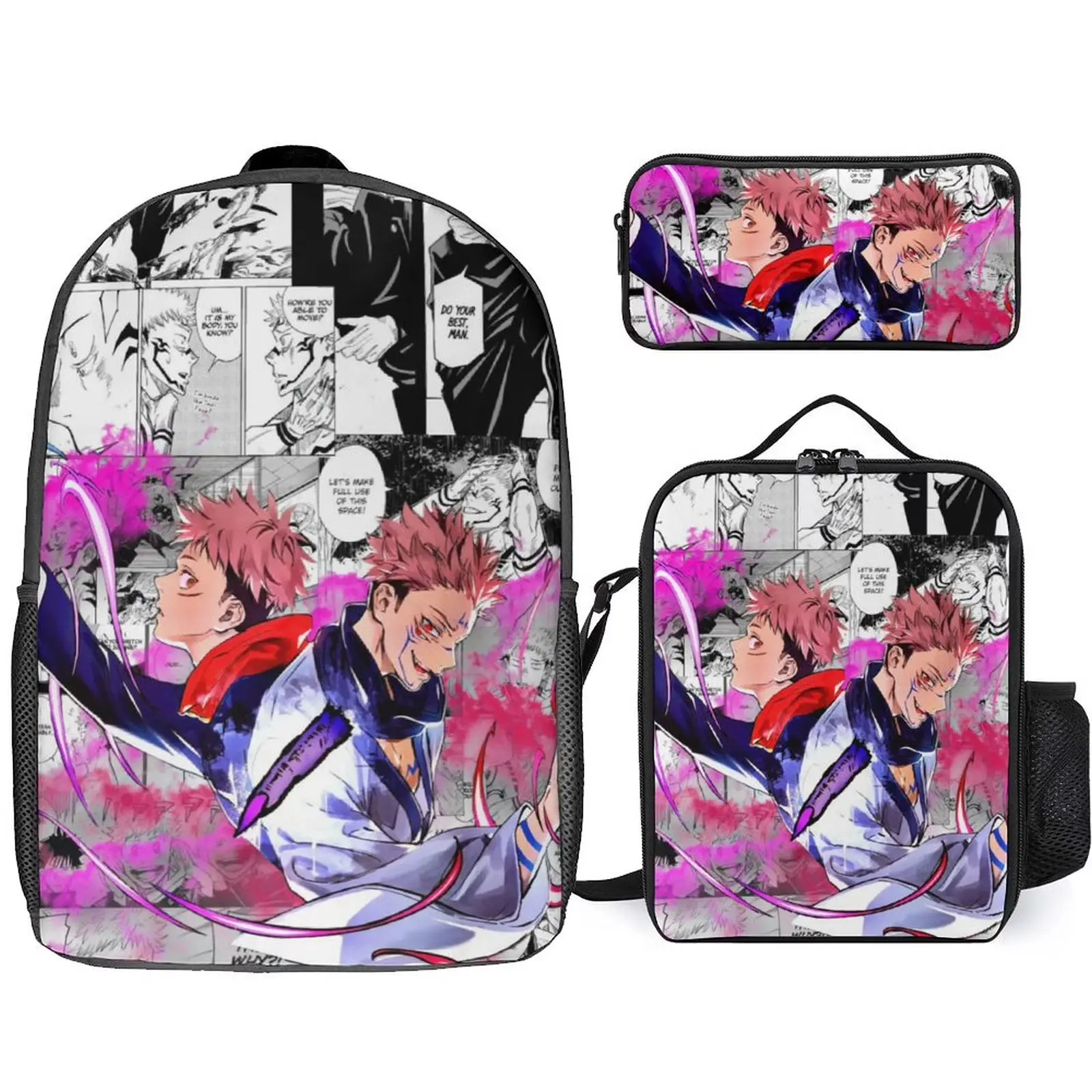 Jujutsu Anime Kaisen Satoru Gojo 3 Piece Backpack Set with Lunch Bag Pencil Case , High Capacity Bookbag with Lunch Box Pen Box Workplace Travel