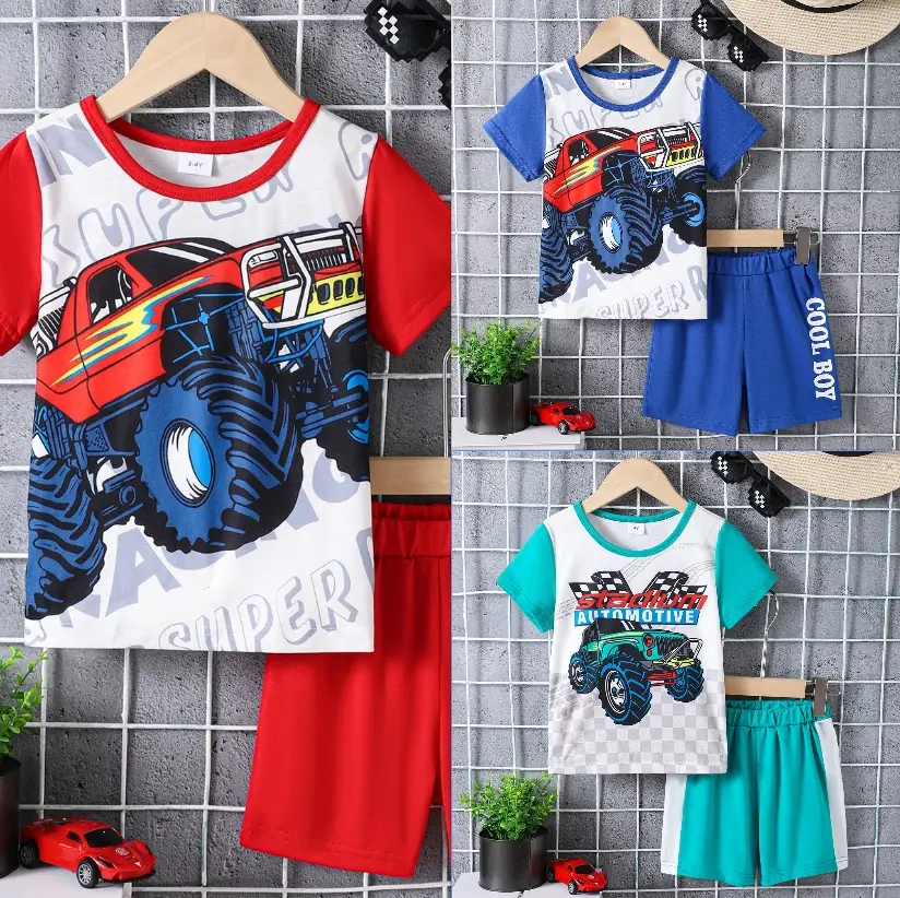 Ready Stock 4-7Y Boys Monster Jam Trucks Outfit Car Print Short Sleeve Patchwork T-shirt Elastic Shorts 2Pcs YCF122311601 Casual Clothes Kids Children