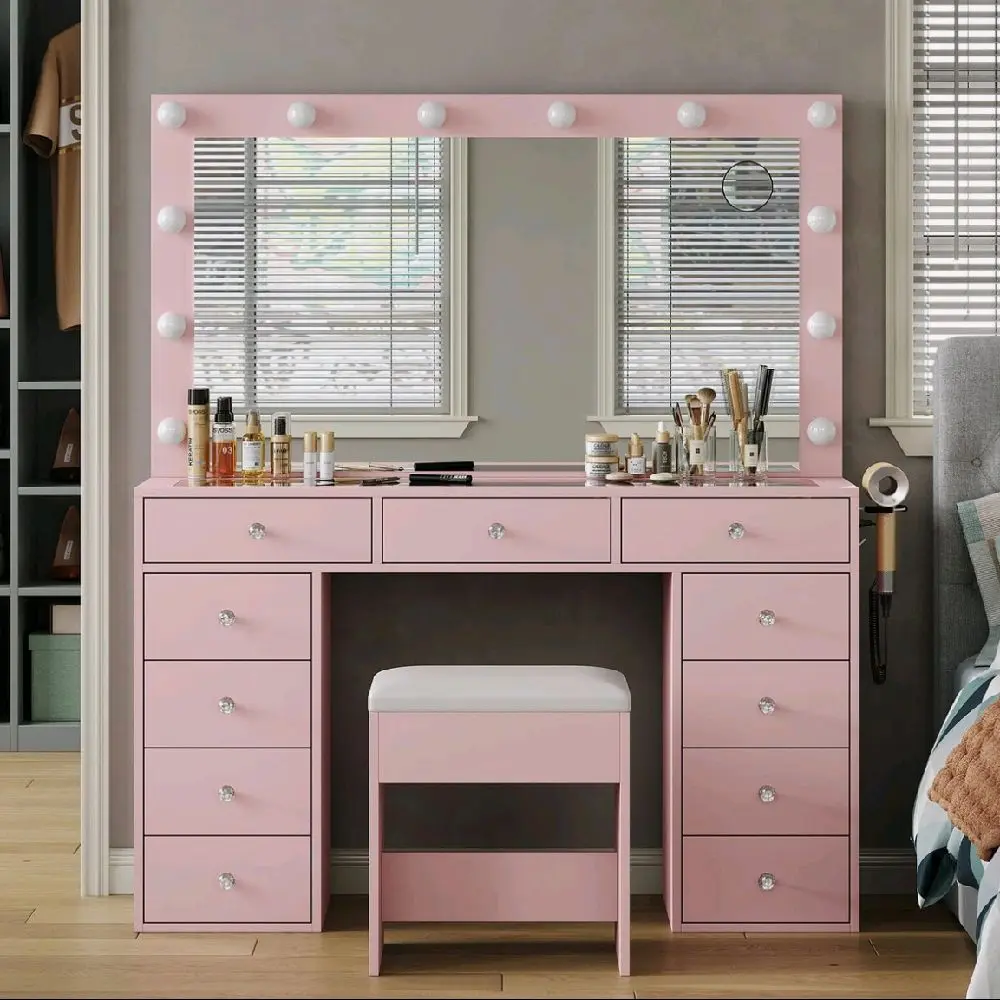 Vanity Desk with Mirror, 11 Drawers, LED Lights, Chair, Pink Makeup Set