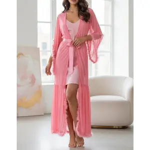 Women Long Sleeve Plush Robe Luxury Kimono See Through Extra Long Babydoll Nightgown Dress