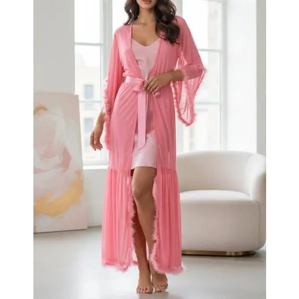 Women Long Sleeve Plush Robe Luxury Kimono See Through Extra Long Babydoll  Nightgown Dress - TikTok Shop