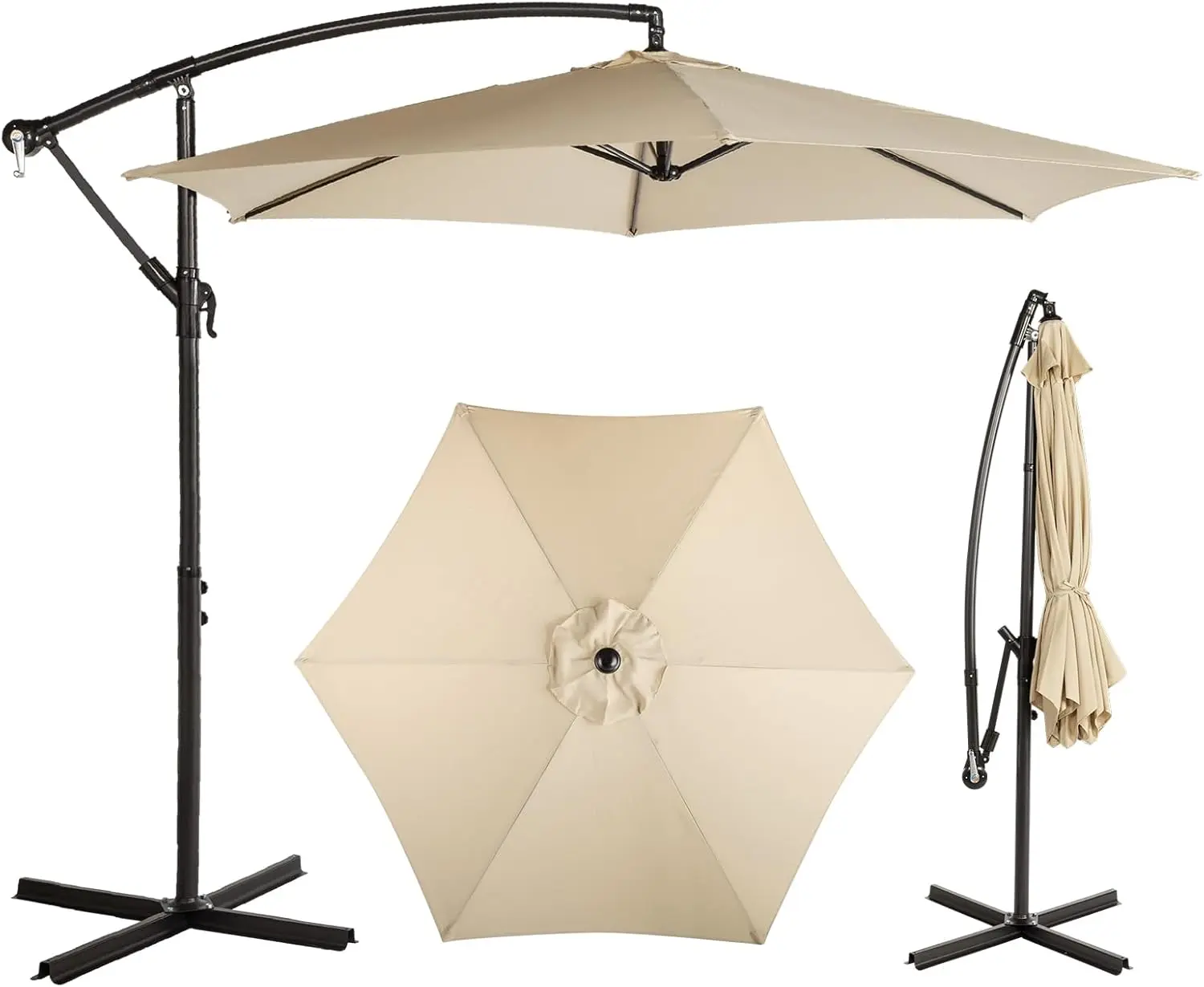 Outdoor Patio Umbrella, 10ft Large Cantilever Hanging Market Umbrella with/without Solar LED, 6 Ribs Pool Umbrella Outdoor with Smooth Crank for Patio, Poolside, Garden, Deck, Backyard