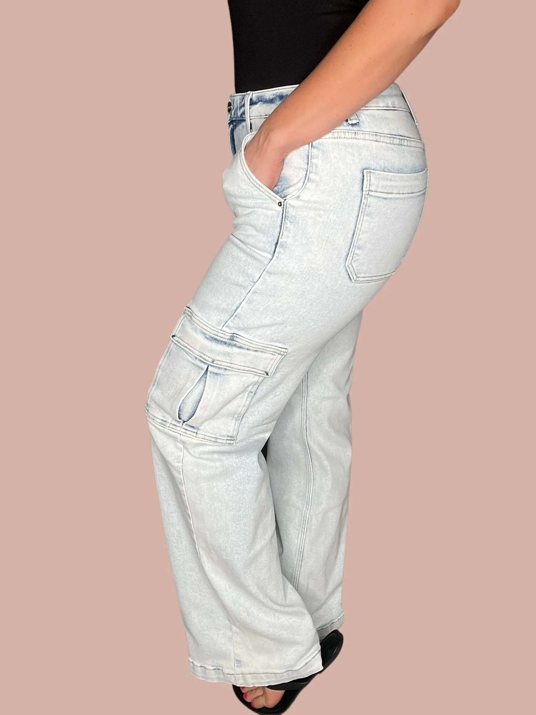 Risen Wide Leg Light Wash Cargo Jeans Risen Wide Leg Light Wash Cargo Jeans
