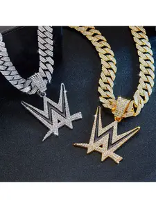 A set of W-shaped themed street hip-hop pendant necklace, boasting a sparkling Cuban chain with a trendy vibe, perfectly suits both daily wear and party occasions for street fashion enthusiasts.