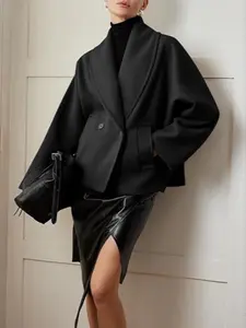 Women's Casual Reversible Wool Coat with Pockets, Button Fashion Design, Comfortable Winter Daily Wear, Striped Pattern, Short Fitted Style