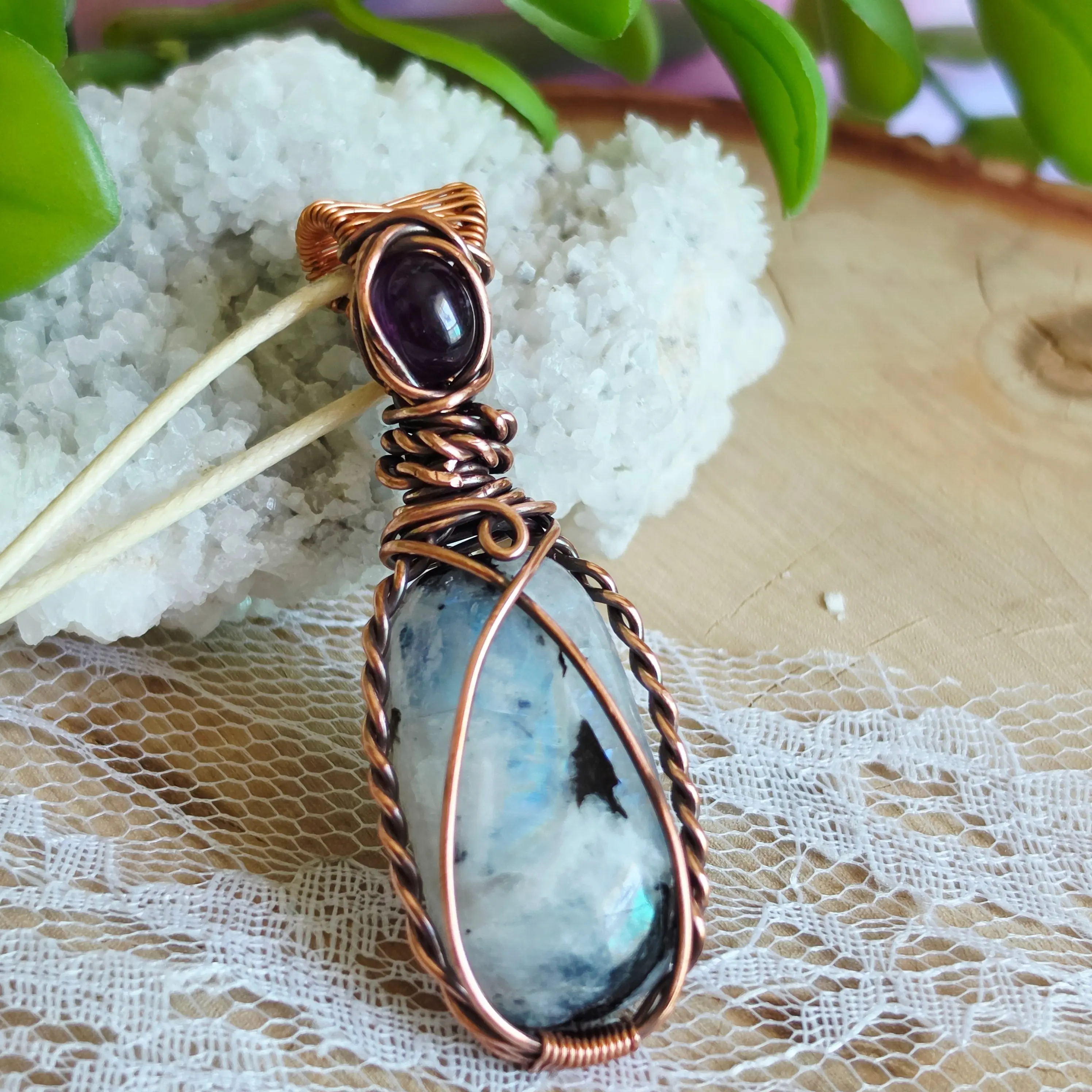 Copper Wire-Wrapped Rainbow Moonstone Pendant with Amethyst Accent Stone