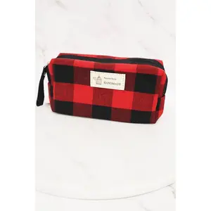 Plaid Zipper Cosmetic Bag - Handmade Design with Black & Red Plaid Pattern and Zipper Closure