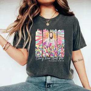 Every Knee Shall Bow T-Shirt Christian Faith Tee Jesus Bible Verse God is Good Religious Easter Outfit Made In USA For Women For Men [SaffronSequin 180G/230G 100% cotton short-sleeve/hoodie, soft and comfortable]