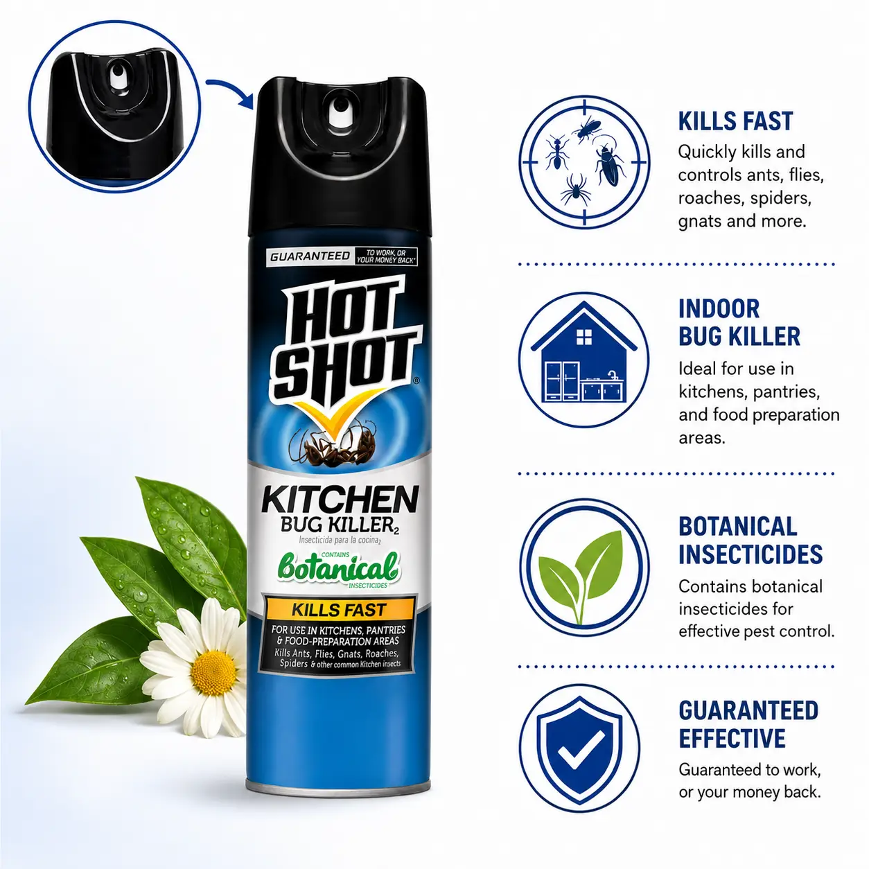 Hot Shot Kitchen Bug Killer Spray, Controls Ants, Flies, Roaches, Spiders and More, Indoor Bug Killer, Botanical Insecticides, 14 Ounce