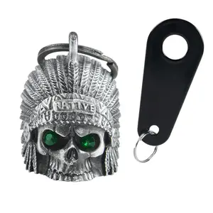 Dream Apparel Indian Skull Head Green Eyes bell, Christmas/Halloween Bell, Gremlin/Guardian Motorcycle Bell/Motorcycle Key Chain for Bikers Women Men W/Hanger, Biker Bell for Riders, Good Luck Riding Bell Spirit Bell Moto Accessories