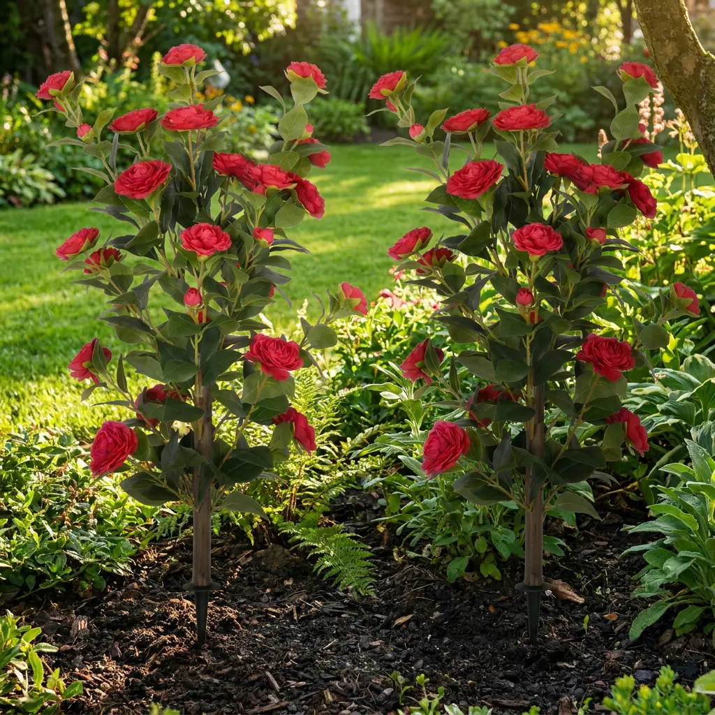 DLD 3-foot red simulated camellia plants with ground plugs, simulated flowering trees for indoor and outdoor home decoration, and high simulation potted plants for living room, balcony and terrace.