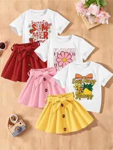6-Piece Girls' Casual Cute Round Neck Short Sleeve T-shirt & Skirt Set | Flower & Lemon & Strawberry Print | Fashion Sweet Summer Wear