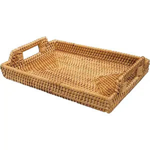 Rattan Serving Tray with Handles (11.4 x 16.9 x 2 in) – Handwoven Wicker Tray for Coffee Table, Breakfast, Ottoman & Home Decor, Natural Woven Tray