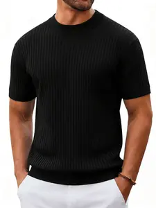 Men's Ribbed Knit Crew Neck Short Sleeve Sweater 2026 New Arrival, Casual Slim Fit Summer Top, Trendy Streetwear for Daily Wear