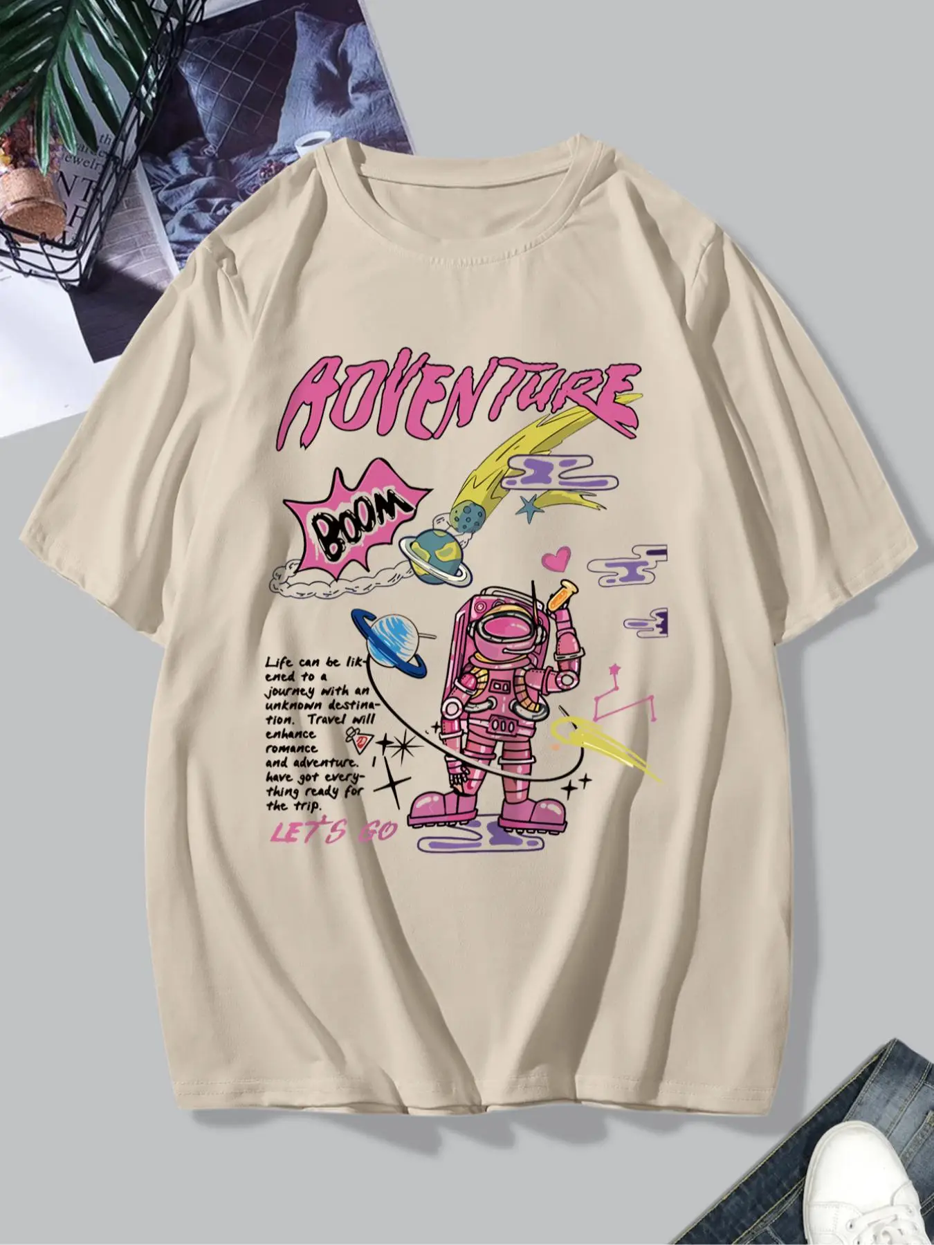 Men's Letter Graphic Round Neck Short Sleeve Tee, Summer Clothes, Regular Fit Astronaut Print Crew Neck T Shirt, Streetwear Graphic Tees, Drippy Outfi