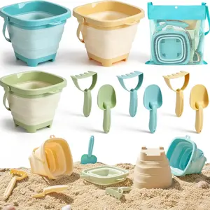 Summer Spring Gift Beach Toys, 3 Pack Collapsible Sand Buckets for Kids, Shovels & Rakes Set with Mesh Bag, Kids Beach Essentials Sandcastle Building Kit for Beach Trip Outdoor Play and Summer Fun