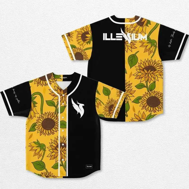 Illenium Sunflowers Baseball Jersey, EDM Festival Button Up Shirt, Electronic Music Graphic Jersey, Lightweight Unisex Streetwear, Rave Fan Gift