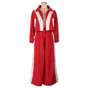 summer spring clothes 2025 new Color Patchwork Women Tracksuits two Piece Sets Zipper Long Sleeve Jackets Crop Top Wide Leg Pants Fashion Womenswear Check Light Gamis Trouser Casual Red Shortsleeve