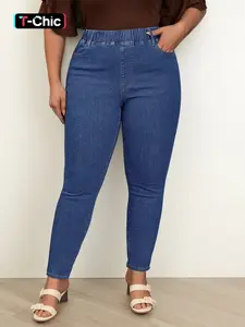 Women's Plus Size High Elasticity Jeans Pants, Stretchable, Stretchy Fabric, Waist Cinching Design, Fit, Casual Fashion, Daily Wear, All Seasons
