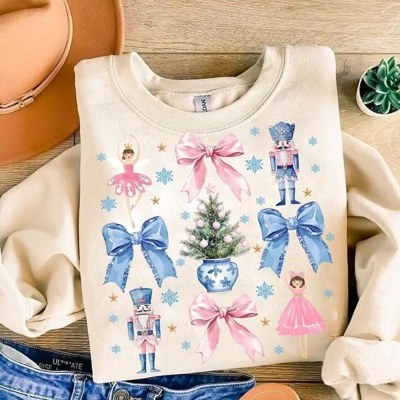 Coquette Nutcracker Christmas T-Shirt - Preppy Pink Christmas Tree Sweatshirt, Holiday Vibes Clothing, Unisex Cotton Crewneck