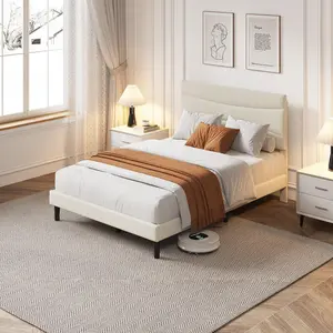 Full Size Bed Frame with Headboard, Velvet Upholstered Platform Bed Frame No Box Spring Needed with Under-Bed Storage and Strong Wood Slats Support, Noise Free, Easy Assembly, Beige