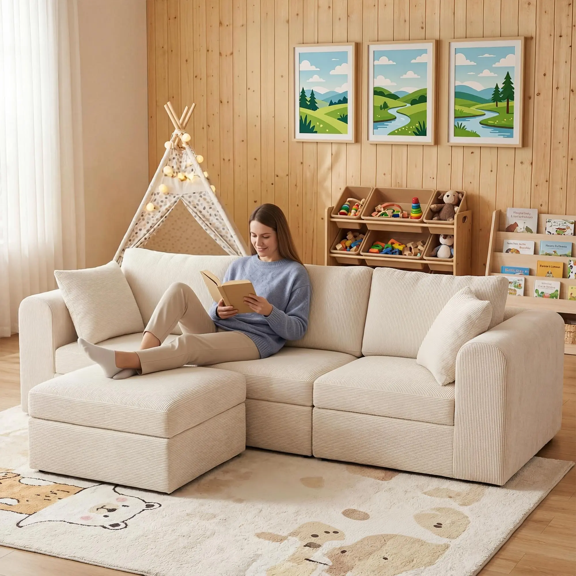Plush Corduroy Modular Sectional, 4-Seat Cloud-Like Comfy Sofa, Convertible L-Shaped Boneless Couch, Aesthetic Living Room Furniture, No Assembly Required Sofa in A Box, summerwins