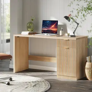 OUTGOODS Modern Fluted Executive Office Desk – 60 Inch Wide Wooden Computer Table with Drawer and Cabinet – Spacious Home Office Workstation for Study or Conference