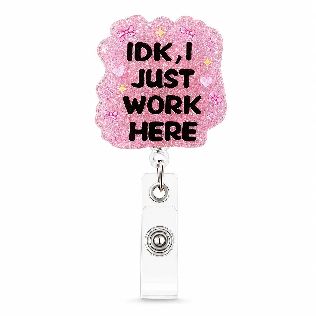 IDK I Just Work Here Funny Badge Reel, Pink Badge Holder Retractable Clip | Office Work Badge Clip for RN CNA LPN LVN Hospital Medical Worker Doctor Teacher Nursing Student, Acrylic