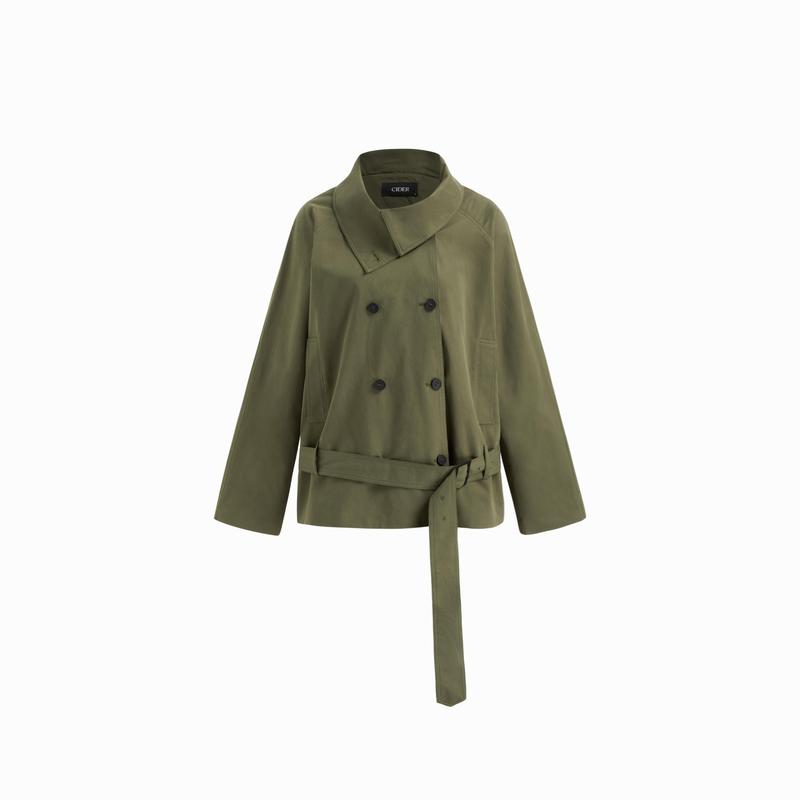 Cider Multi-way Cotton Stand Collar Double Breasted Oversized Windbreaker With Belt