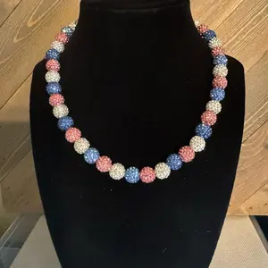 Rhinestone hand beaded necklace  Cotton candy pink light blue and white