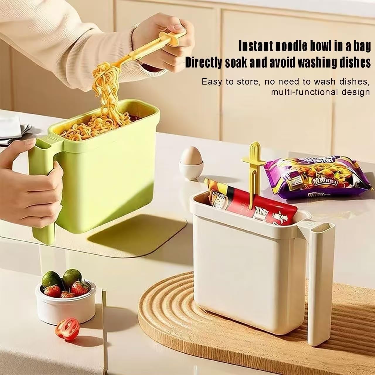 Collapsible Noodle Bowl in a Bag - Leak-Proof Heat-Resistant Ramen Kit with Spork, Foldable for Backpacking, Work Lunch, Emergency Food Prep