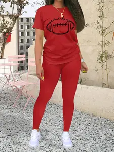 Two-Piece Set Women's Rugby Print Round Neck Tee & Skinny Pants Two-piece Set, Casual Short Sleeve T-shirt & Leggings, Ladies Summer Clothes for Daily Wear