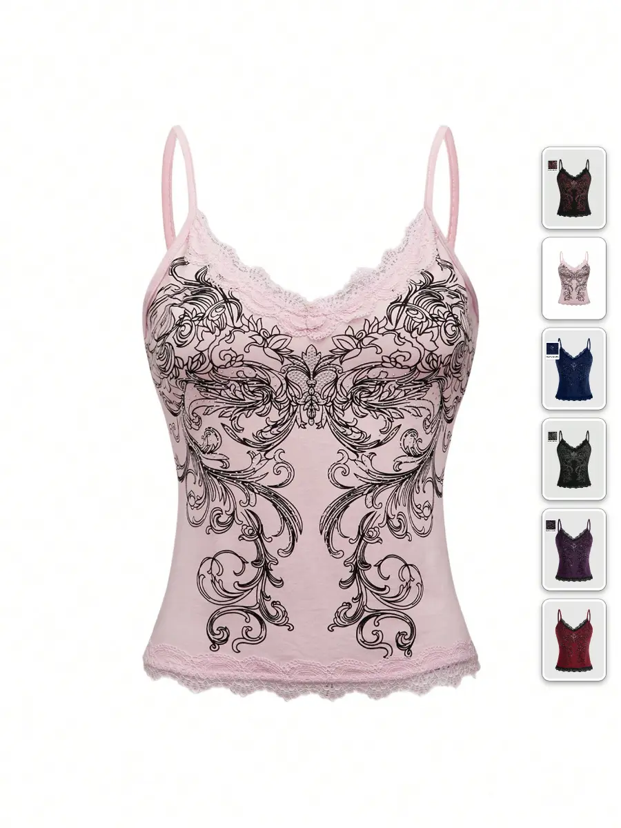 LACEX Lace Camisole Top Fairycore Floral Print Summer Beach Vacation
