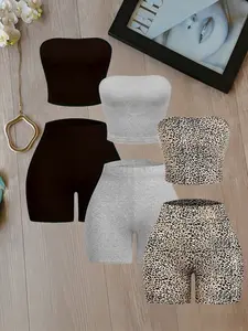 Women's Fashion Three-Piece Set, Leopard Strapless Short Top + High Waist Shorts, Casual Daily Wear, Stylish and Comfortable Outfit